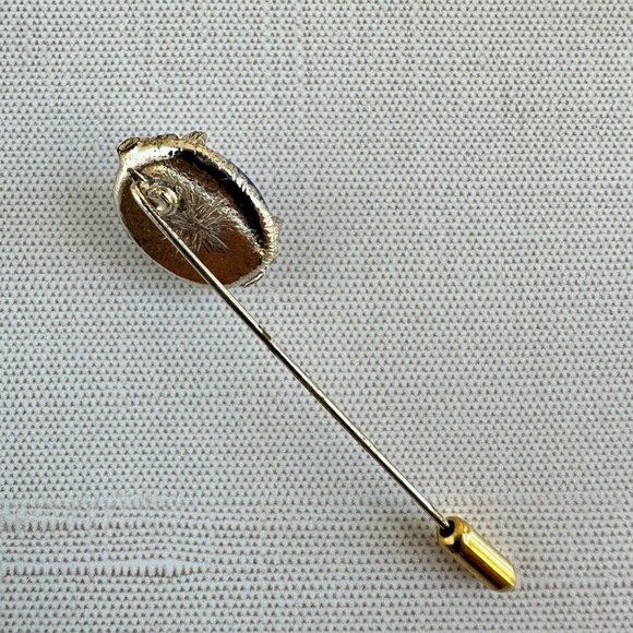 Vintage Art Glass Stick Pin With Blue Striped Oval & Silver-Tone Setting - Picture 3 of 3